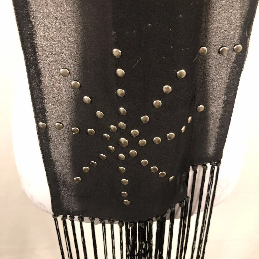 Black Sheer Studded Scarf with Fringe • Celestial Starburst • Boutique Style